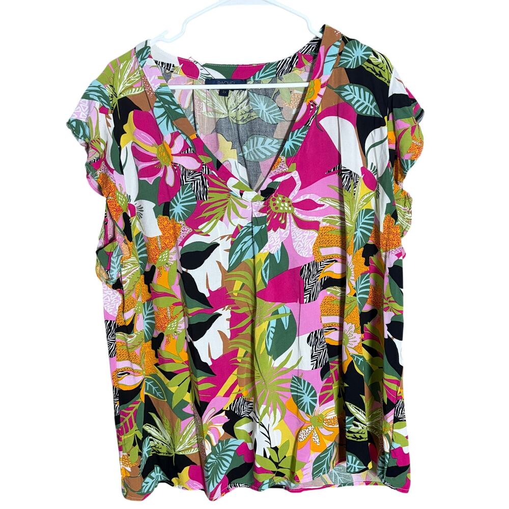 Rachel Roy 2X Tropical Floral Blouse V Neck Short Sleeve Colorful Plus Size Top‎